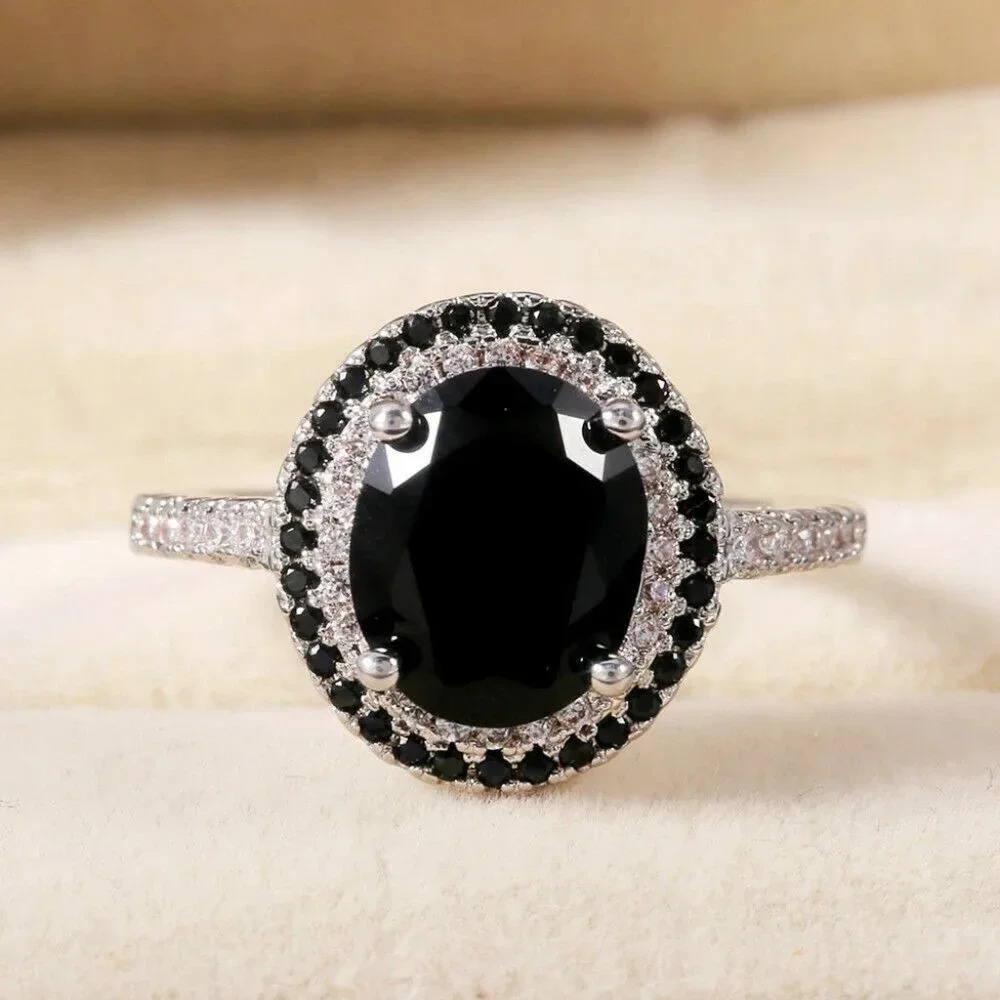 NEW 925 Sterling Silver Oval Black Sapphire Diamond Ring